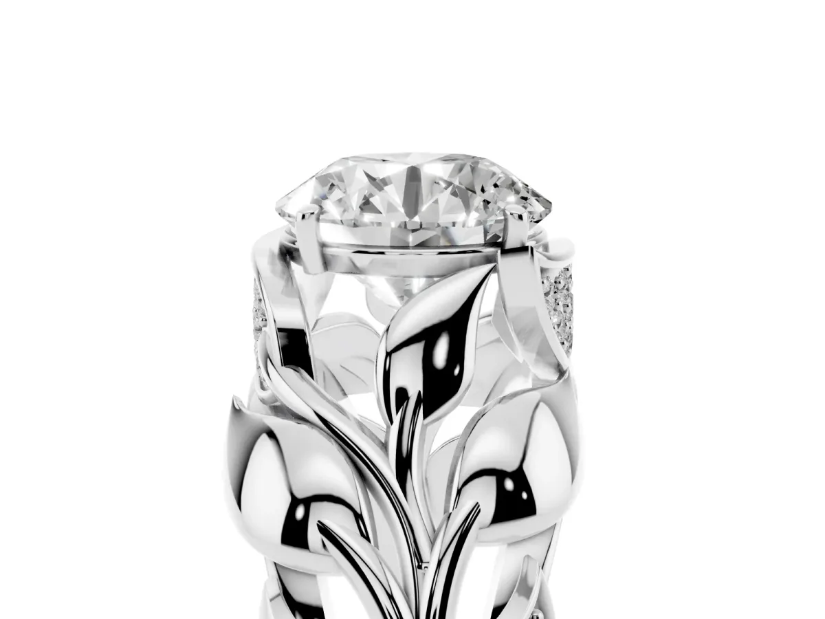 Round Cut Diamond Leaf-Inspired Engagement Ring with Round Accents and Prong Setting Silver