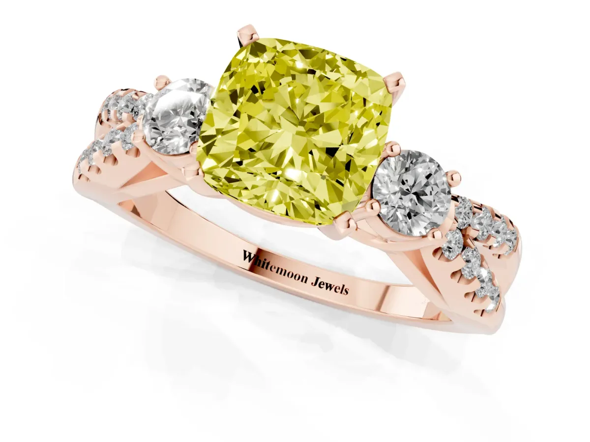 Fancy Yellow Cushion Cut Diamond Three-Stone Ring with Pavé Split Shank and Four-Prong Setting Rose gold