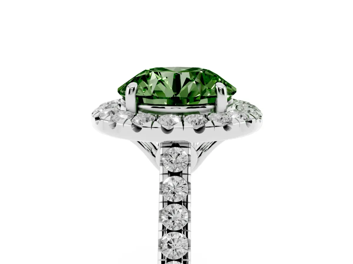 Fancy Green Round Cut Halo Pavé Diamond Engagement Ring with Four-Prong Setting Silver