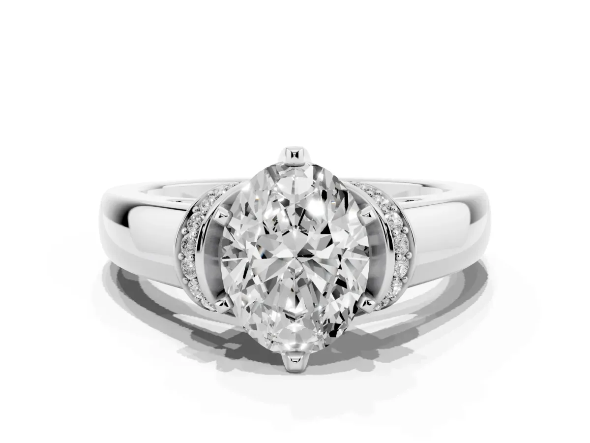 Oval Cut Solitaire Diamond Ring with Pave Band and Six-Prong Setting Silver