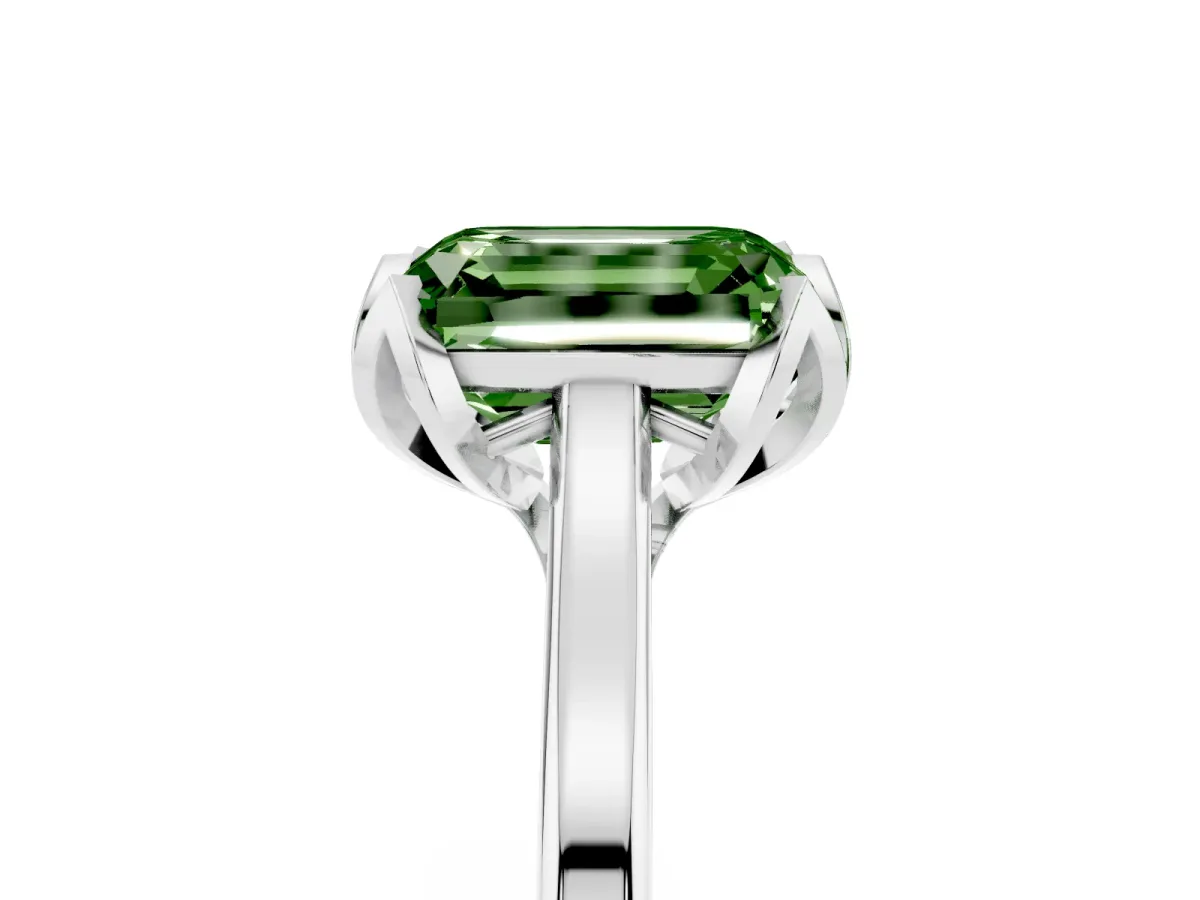 Fancy Green Emerald Cut Diamond Solitaire Ring with Flower Prong Setting and Classic Band Silver