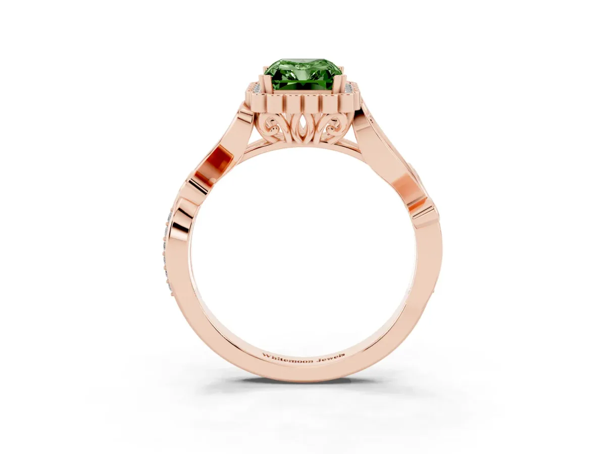 Fancy Green Radiant Cut Diamond Halo Ring with Vintage Split Shank and Four-Prong Setting Rose gold