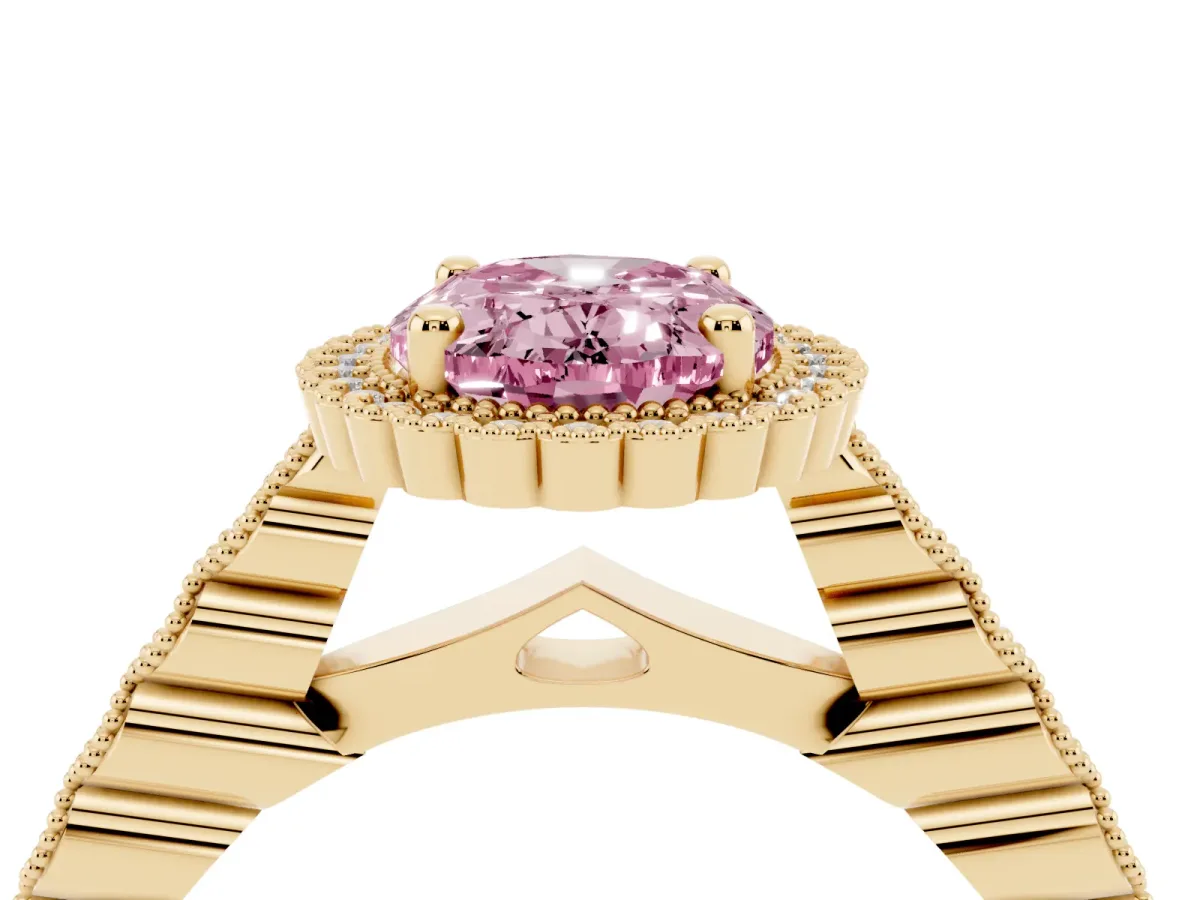 Fancy Pink Oval Cut Cut Halo Pavé Solitaire Ring with Milgrain Band Yellow gold
