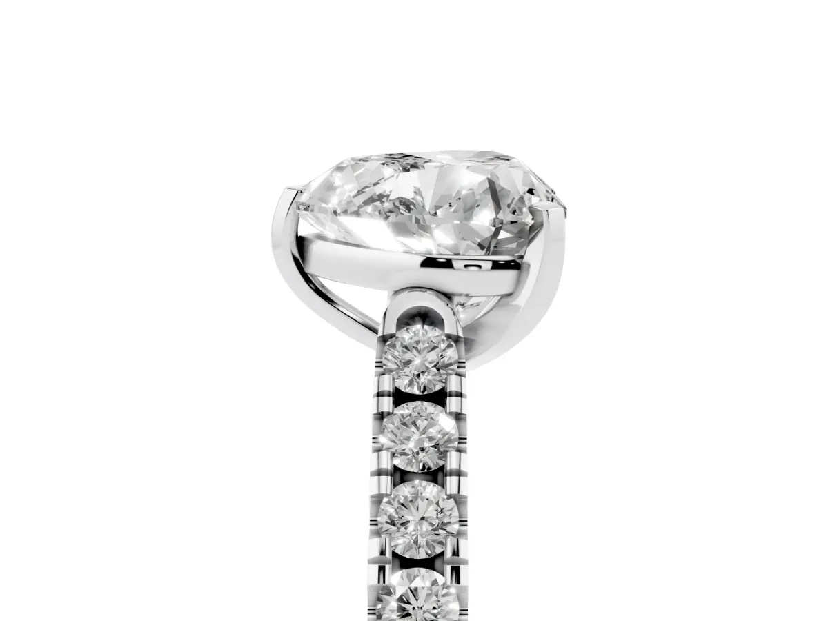 Heart Cut Diamond Pavé Band Solitaire Ring with Prong Setting Silver
