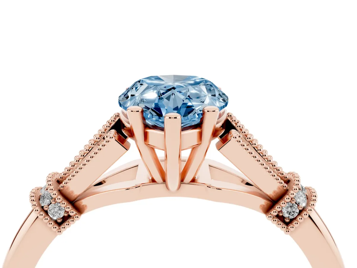 Fancy Blue Pear Cut Diamond Solitaire Ring with Floral Filigree and Pave Accents Rose gold
