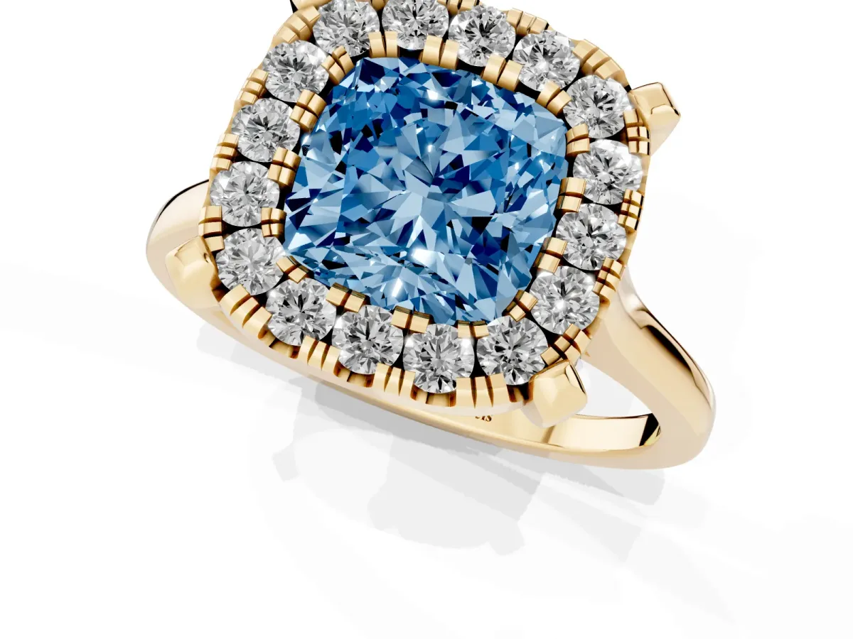 Fancy Blue Cushion Cut Diamond Cluster Halo Solitaire with Four-Prong Setting Yellow gold