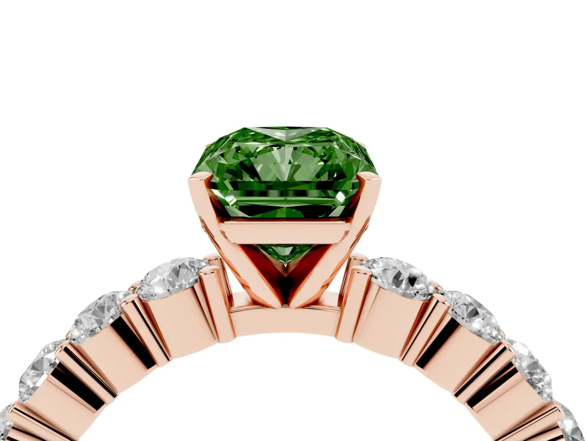 Fancy Green Radiant Cut Diamond Solitaire Ring with Shared Prong Round Side Stones Rose gold