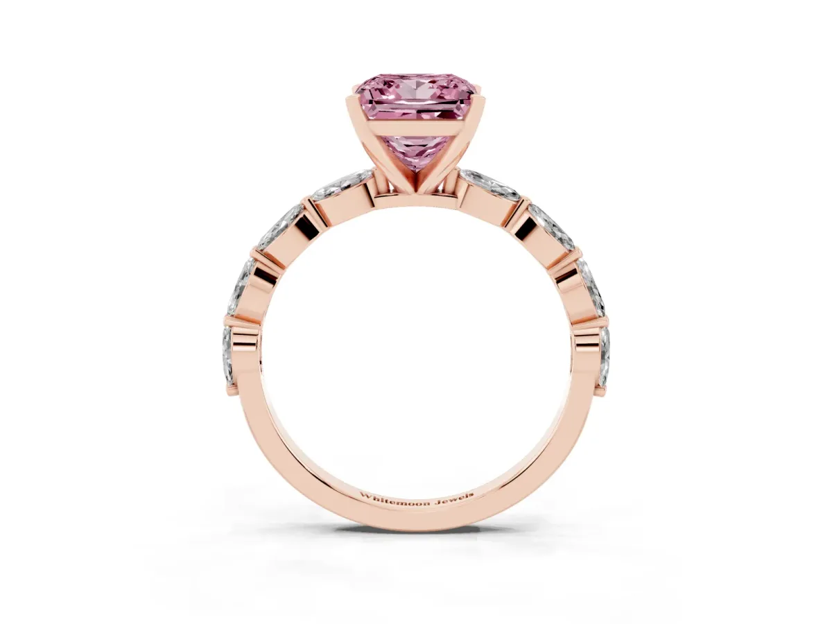 Fancy Pink Princess Cut Diamond Ring with Marquise Side Stones and Prong Setting Rose gold