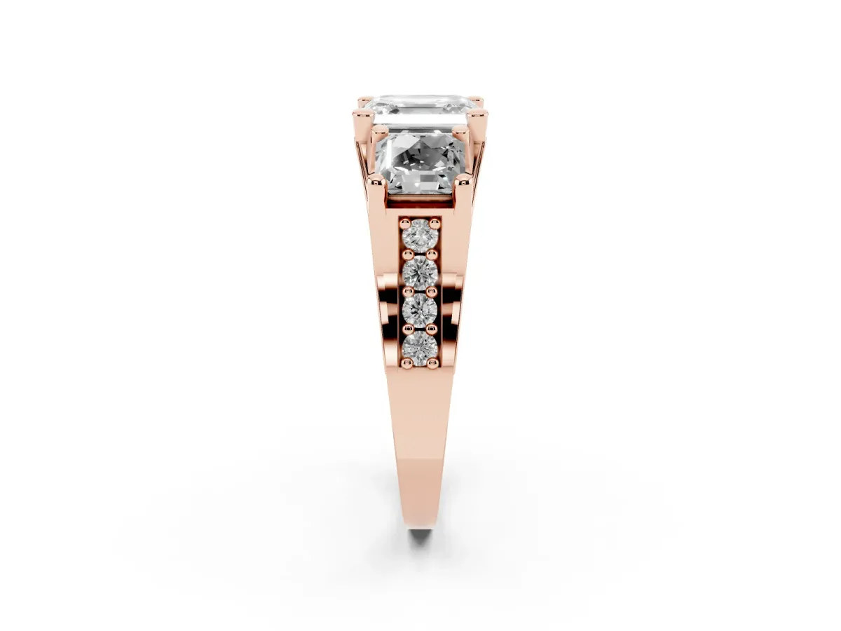 Asscher Cut Diamond Three-Stone Ring with Channel Set Band and Four-Prong Setting Rose gold