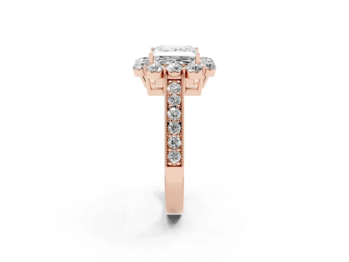 Princess Cut Cut Halo Diamond Pavé Engagement Ring with Milgrain Detailing Rose gold