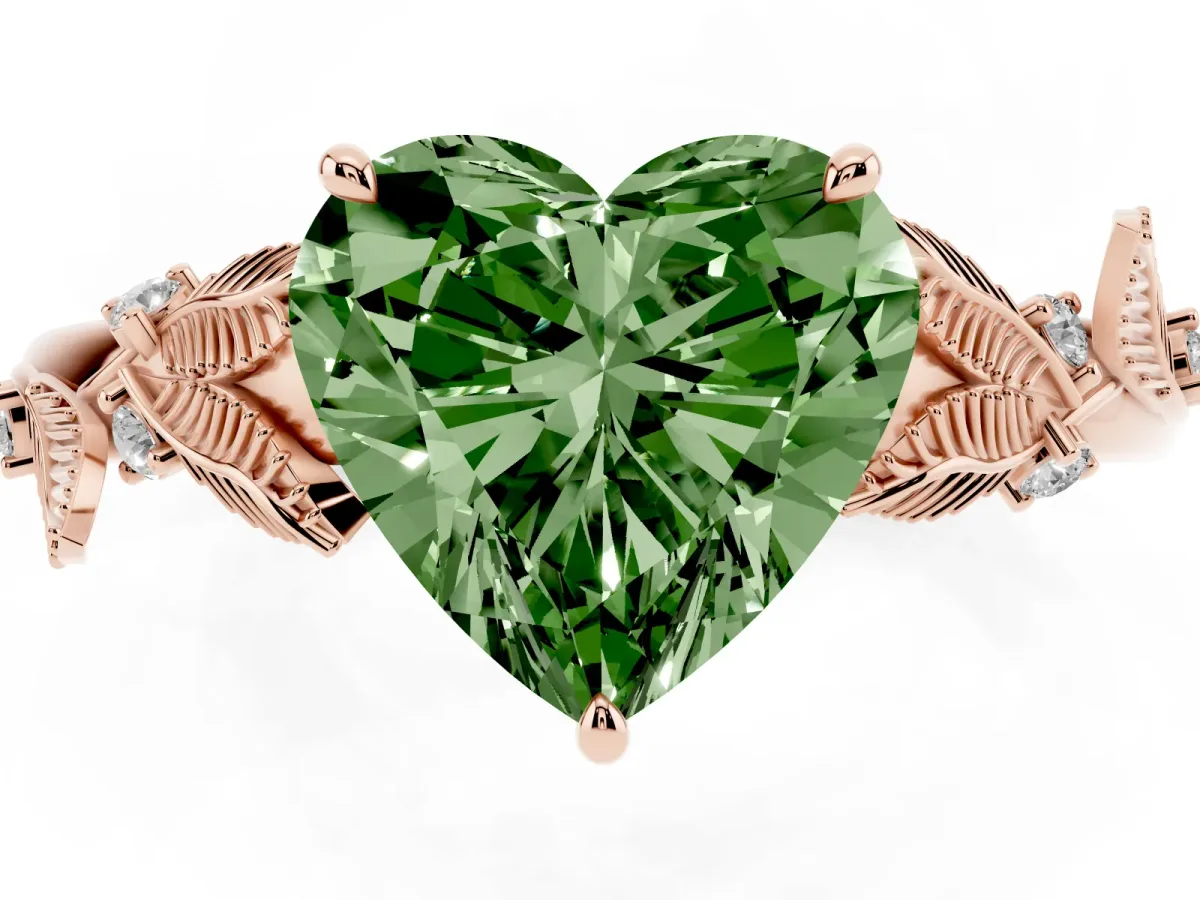 Fancy Green Heart Cut Diamond Solitaire Ring with Leaf Motif Band and Four-Prong Setting Rose gold