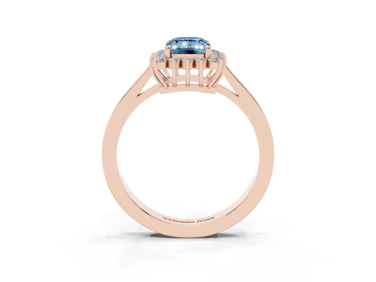 Fancy Blue Emerald Cut Cut Diamond Halo Ring with Round Brilliant Halo and Solitaire Band Rose gold