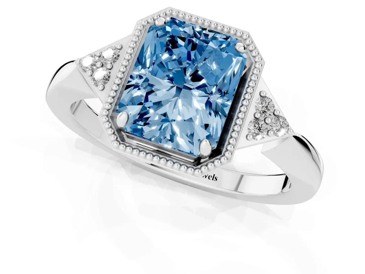 Fancy Blue Hexagonal Halo Radiant Cut Diamond Solitaire with Pavé Band and Four-Prong Setting Silver