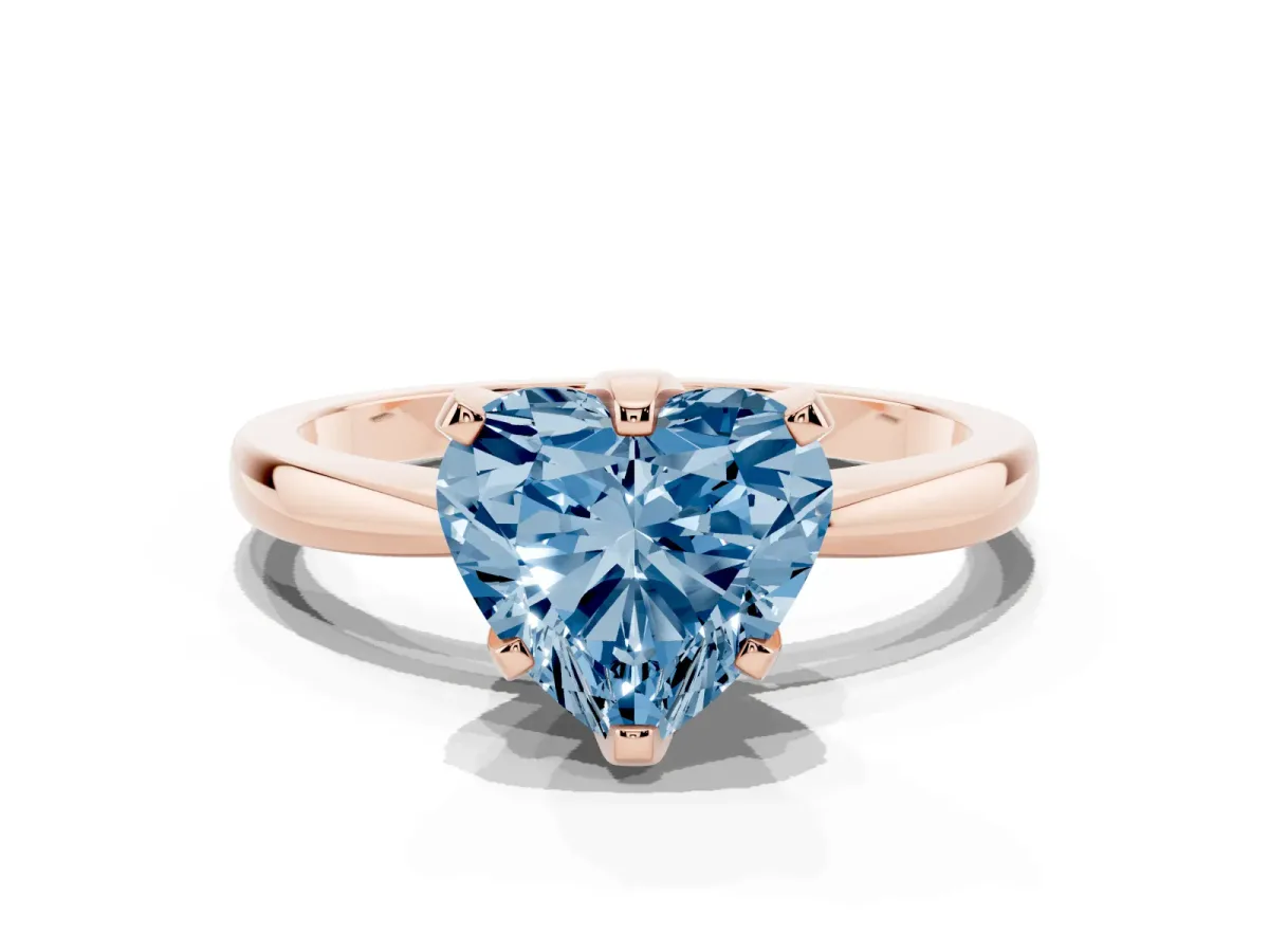 Fancy Blue Heart Cut Solitaire Engagement Ring with Six-Prong Setting and Tapered Band Rose gold