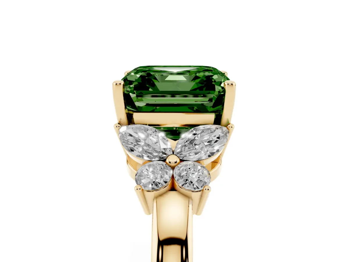 Fancy Green Asscher Cut Cut Solitaire Floral Diamond Ring with Four-Prong Setting Yellow gold