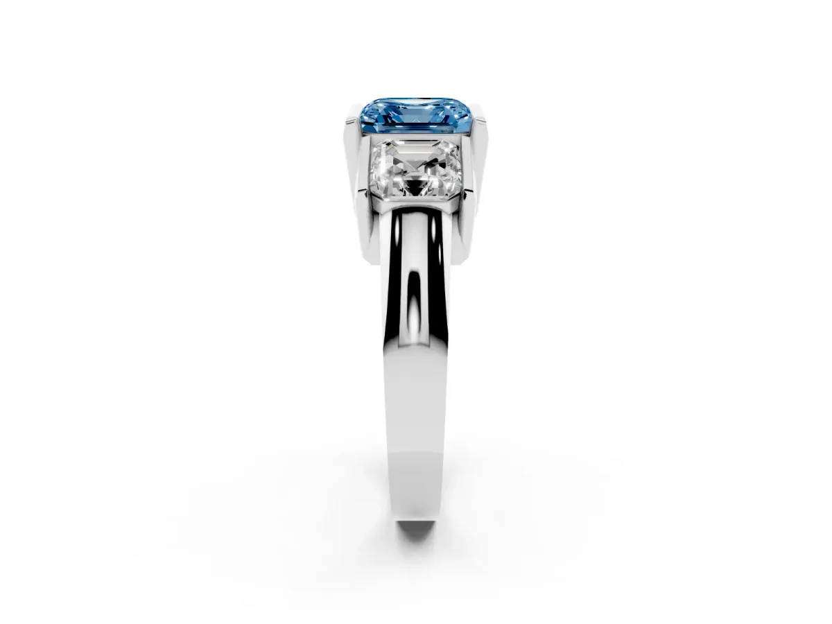 Fancy Blue Three Stone Asscher Cut Cut Channel Set Diamond Ring Platinum
