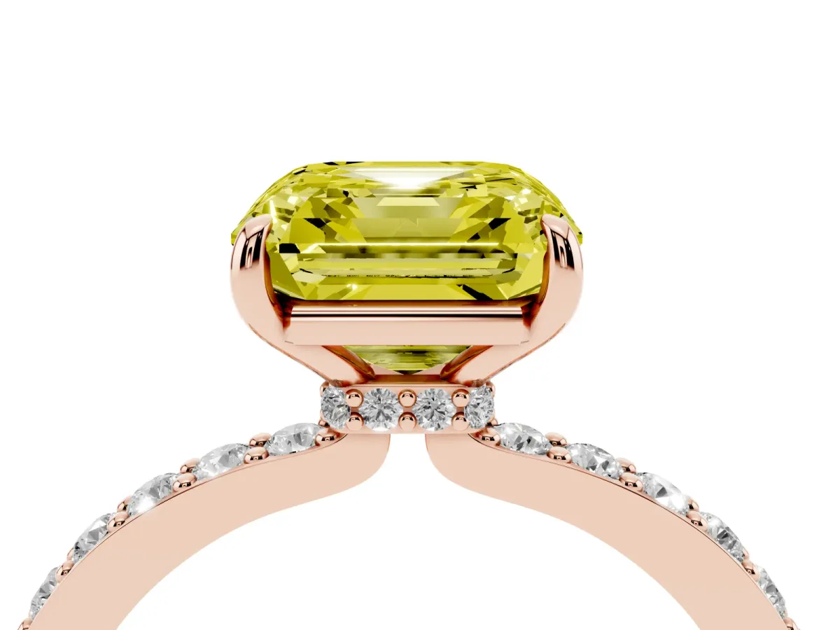 Fancy Yellow Asscher Cut Diamond Pavé Engagement Ring with Round Accents and Prong Setting Rose gold