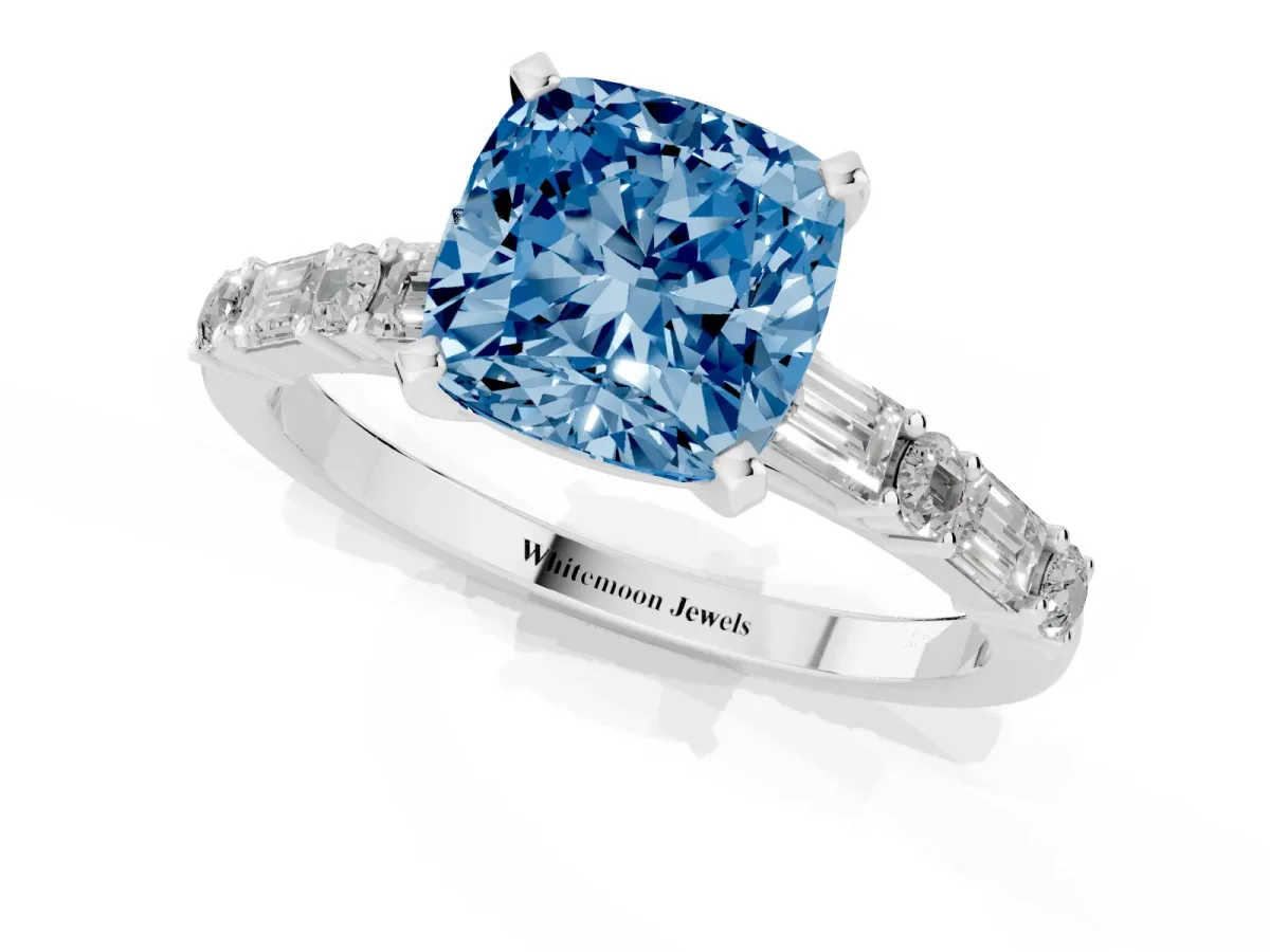 Fancy Blue Cushion Cut Diamond Solitaire with Side Baguettes and Channel Set Band Platinum