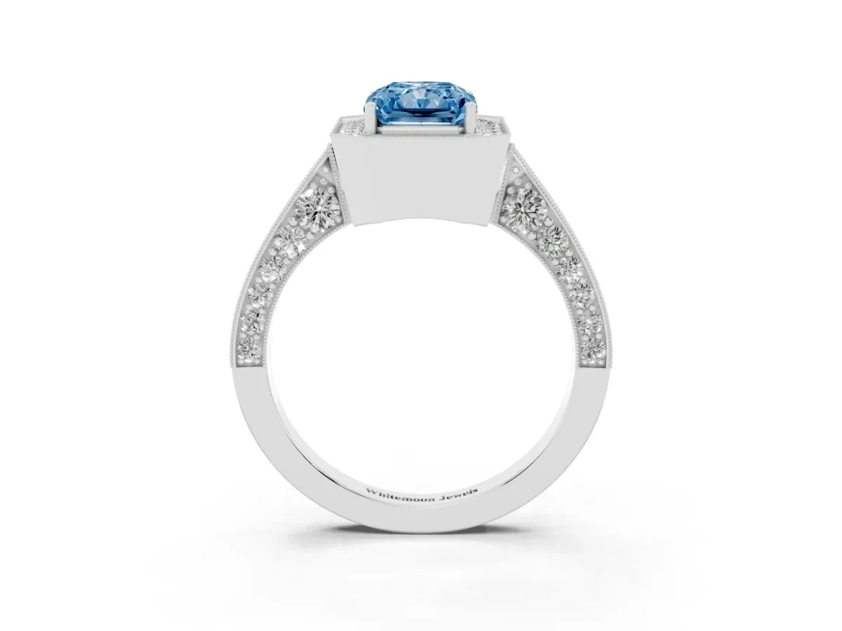 Fancy Blue Radiant Cut Halo Diamond Engagement Ring with Split Shank Band and Four-Prong Setting Silver