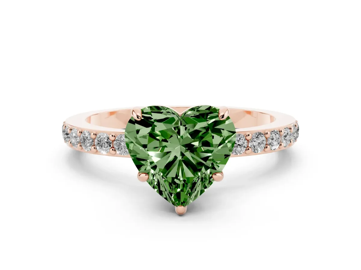 Fancy Green Heart Cut Diamond Pavé Engagement Ring with Round Accents and Prong Setting Rose gold