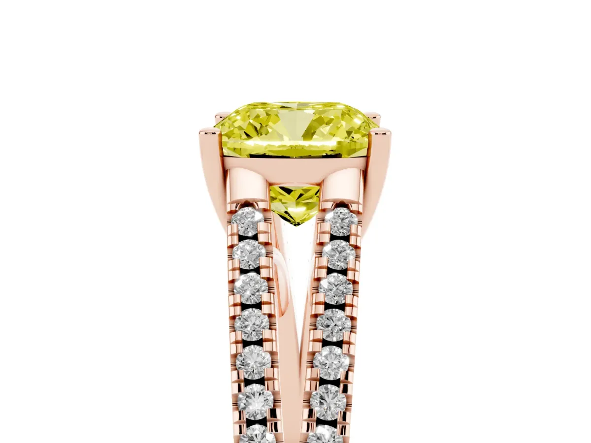 Fancy Yellow Cushion Cut Diamond Solitaire Engagement Ring with Split Shank Pavé Band Rose gold