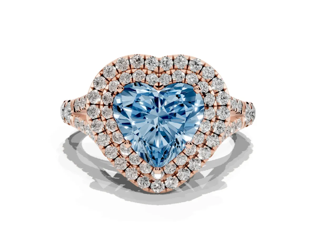 Fancy Blue Heart Cut Cut Double Halo Split Shank Diamond Ring with Prong Setting Rose gold