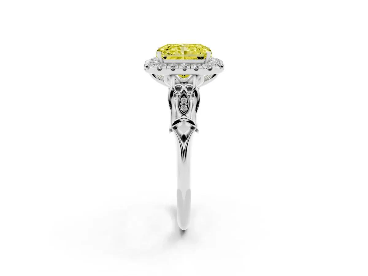 Fancy Yellow Radiant Cut Halo Diamond Engagement Ring with Filigree Band and Four-Prong Setting Platinum