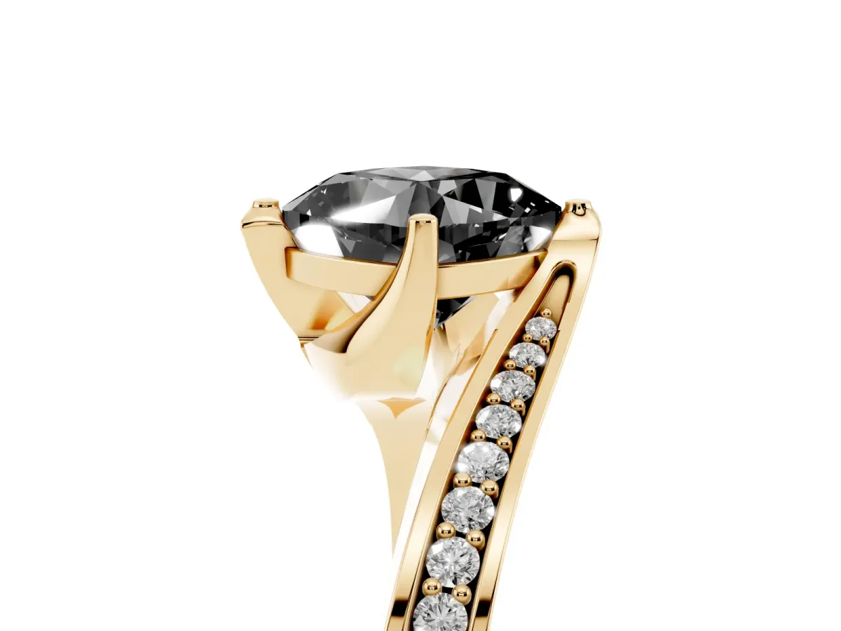Fancy Black Cushion Cut Solitaire Diamond Twist Band with Pavé Setting and Four-Prong Setting Yellow gold