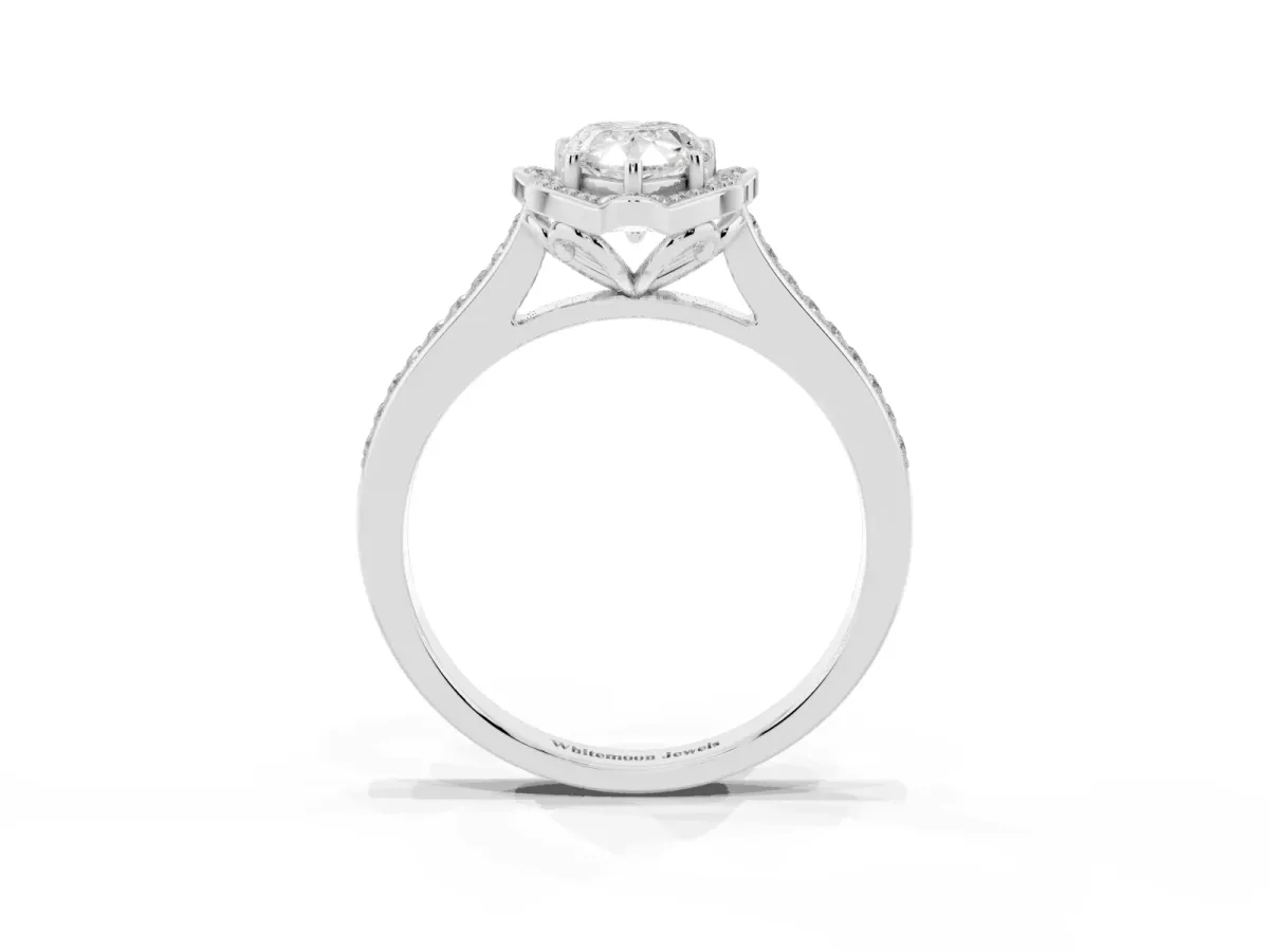 Pear Cut Halo Round Diamond Pave Band with Four-Prong Setting Silver