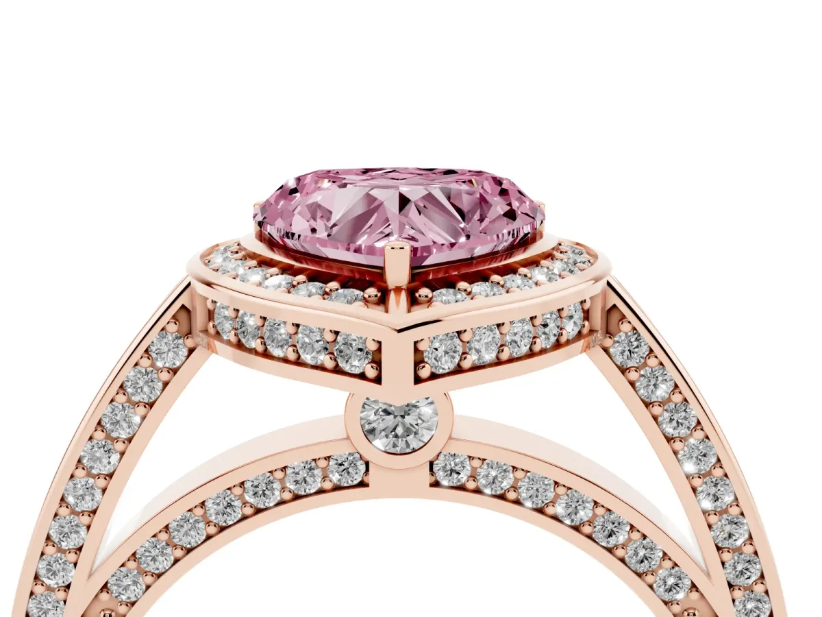 Fancy Pink Heart Cut Cut Halo Pave Split Shank Prong Setting Ring Rose gold