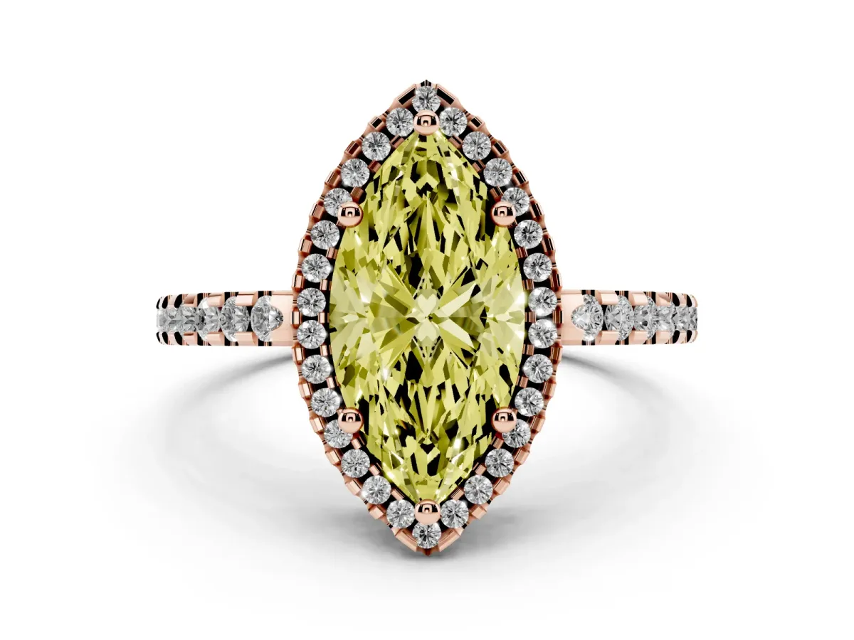 Fancy Yellow Marquise Cut Diamond Halo Engagement Ring with Pavé Band and Prong Setting Rose gold