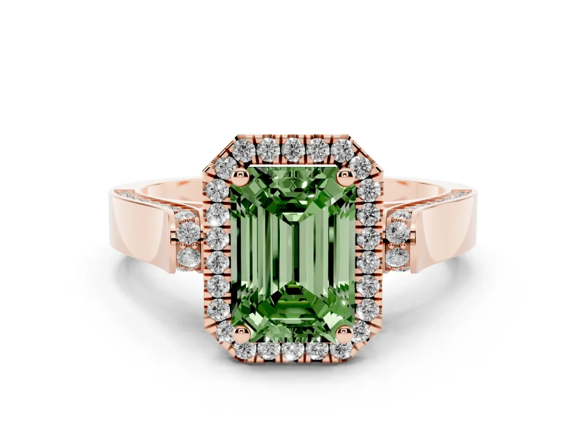 Fancy Green Emerald Cut Halo Pave Split Shank Prong Setting Ring Rose gold