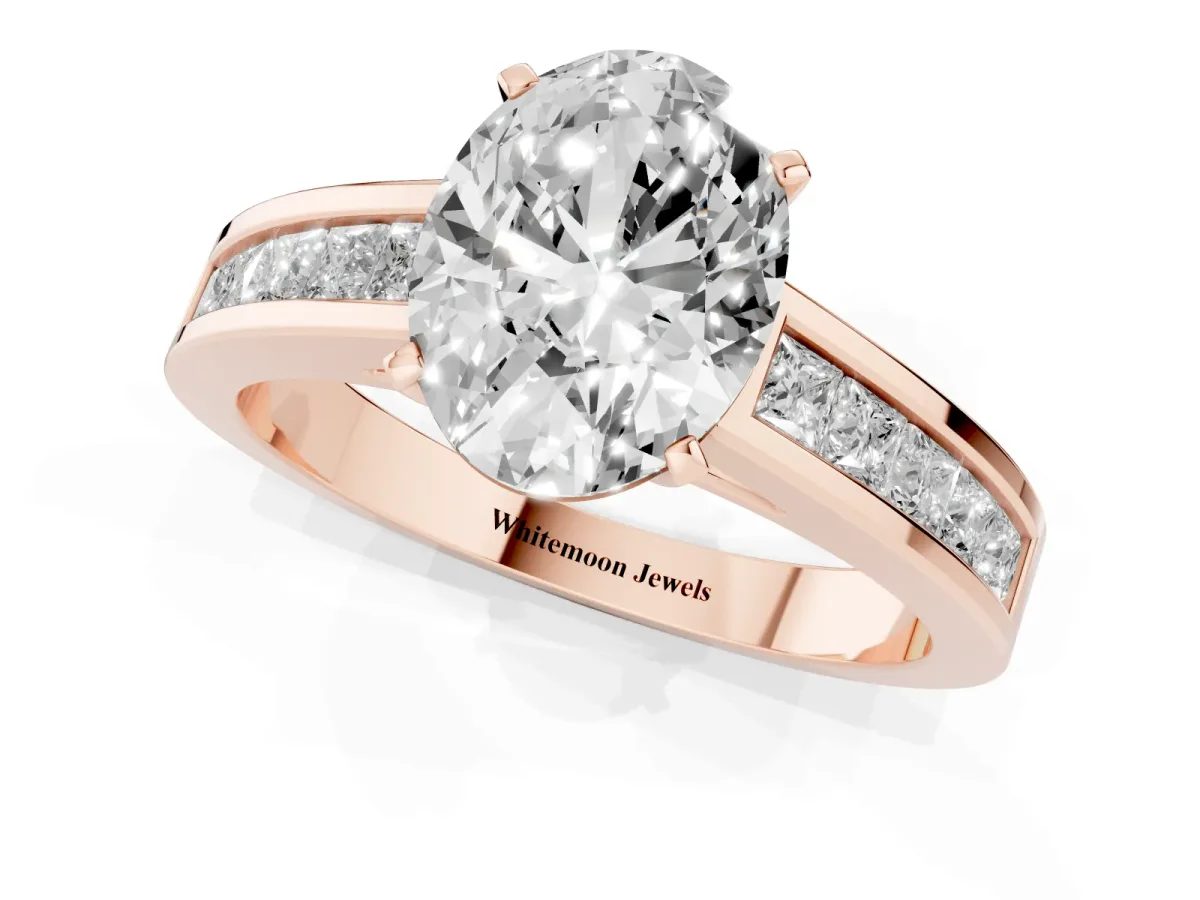 Oval Cut Solitaire Diamond Ring with Channel-Set Band and Four-Prong Setting Rose gold