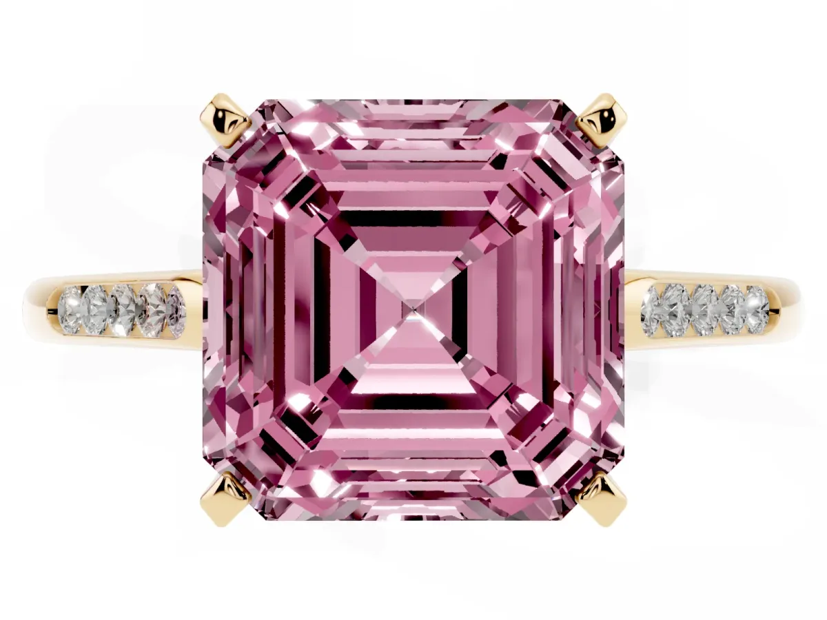 Fancy Pink Asscher Cut Diamond Solitaire Ring with Channel Set Round Band and Prong Setting Yellow gold