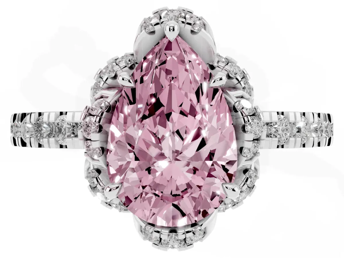 Fancy Pink Pear Cut Diamond Halo Pave Band with Four-Prong Setting Silver