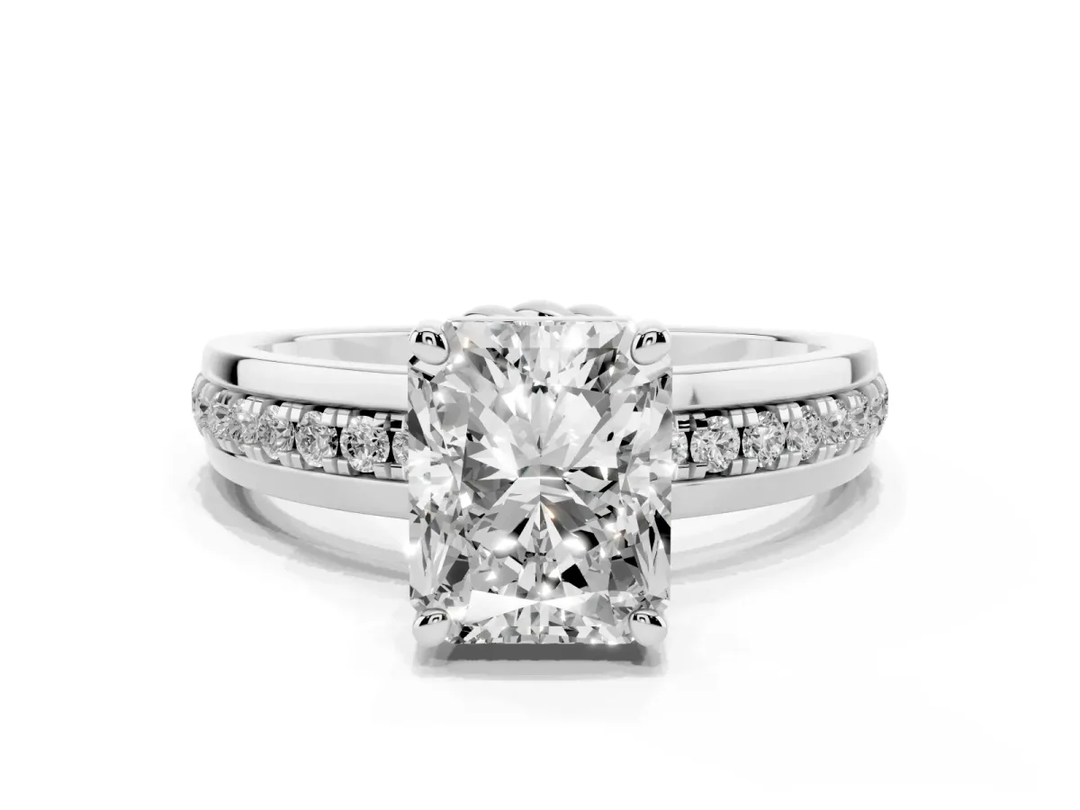 Radiant Cut Solitaire Diamond Ring with Channel Set Band and Six-Prong Setting Silver