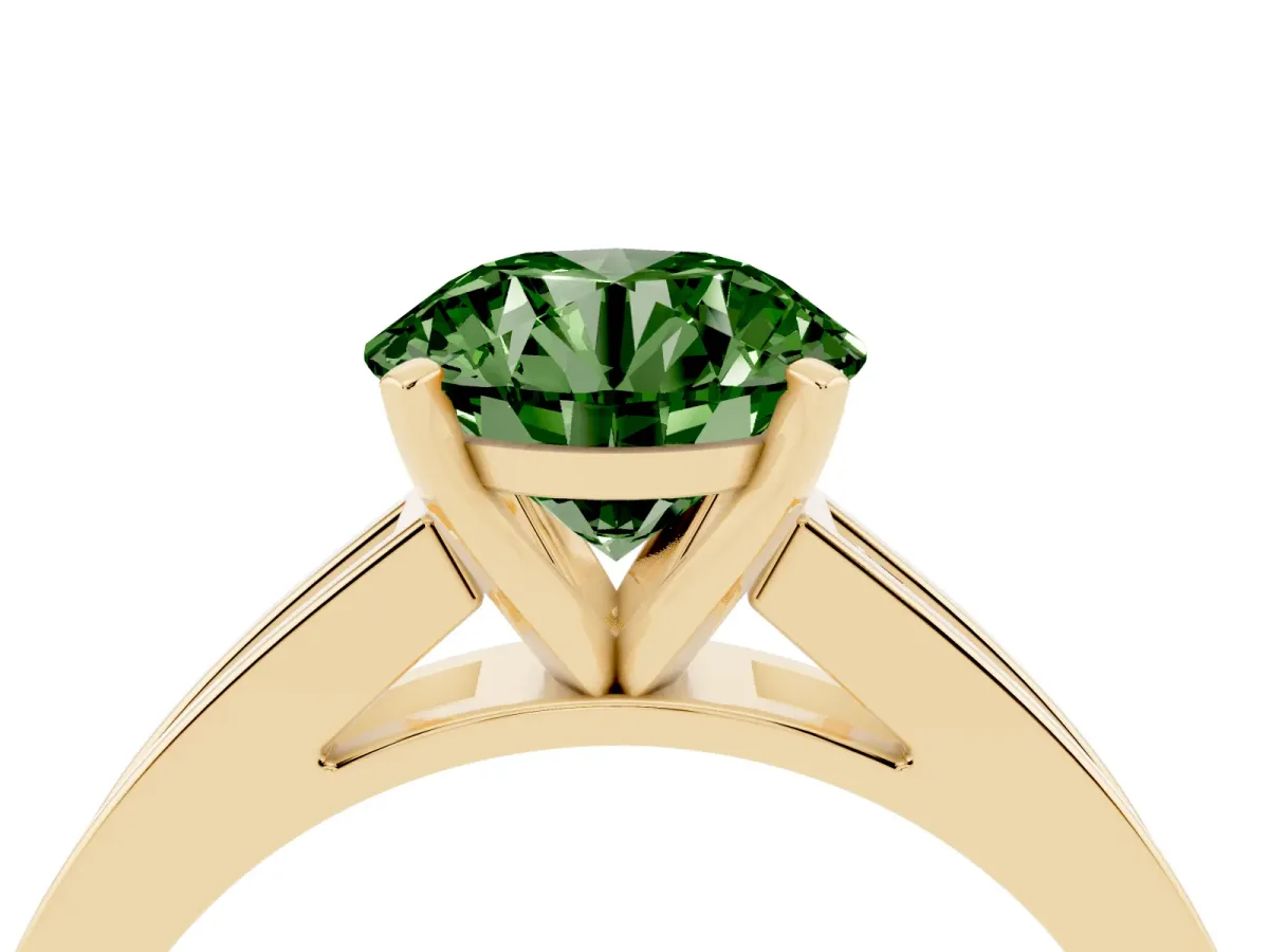 Fancy Green Round Cut Solitaire Diamond Ring with Channel-Set Band and Four-Prong Setting Yellow gold