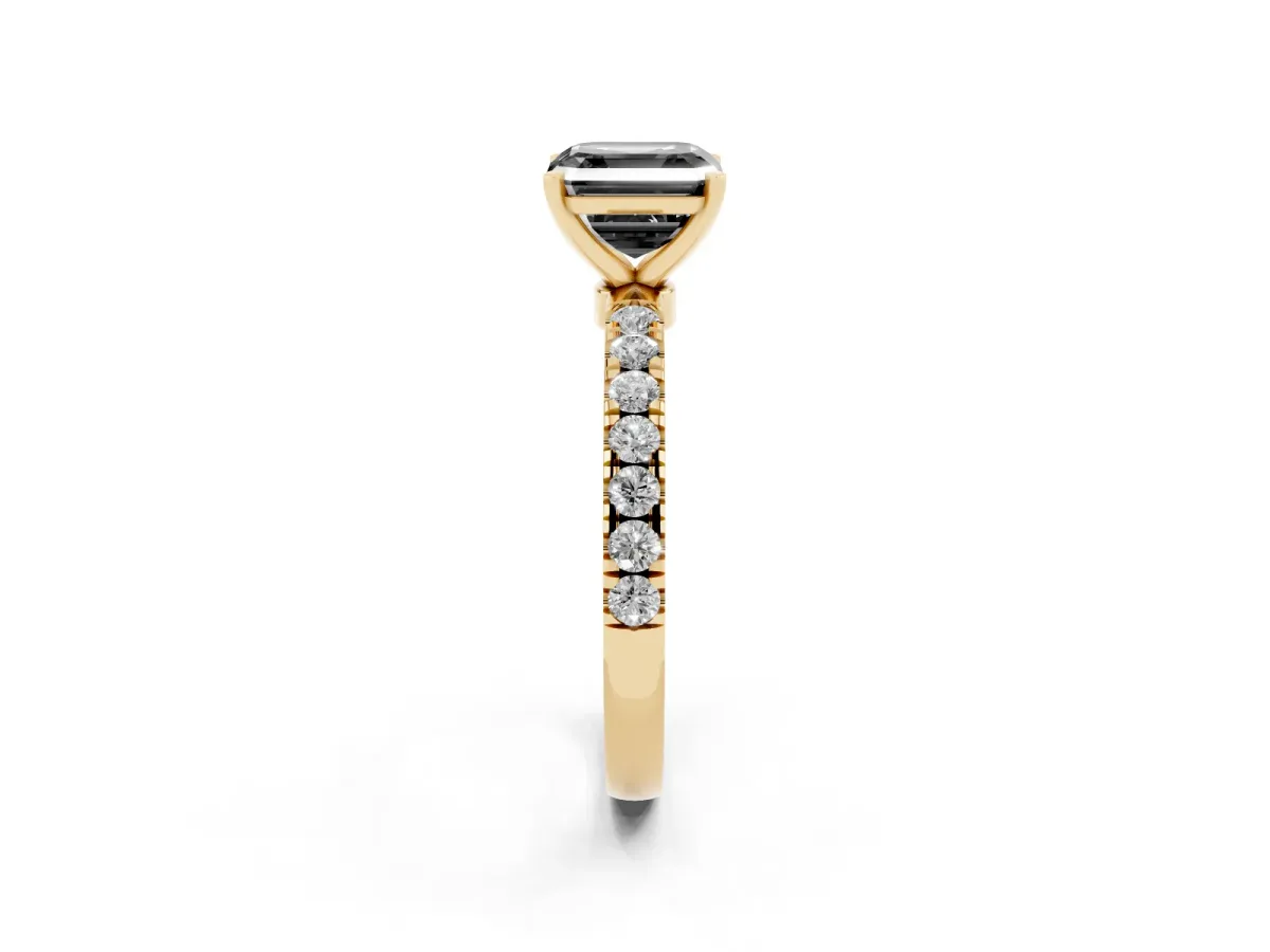 Fancy Black Asscher Cut Diamond Solitaire Ring with Pavé Accents and Four-Prong Setting Yellow gold