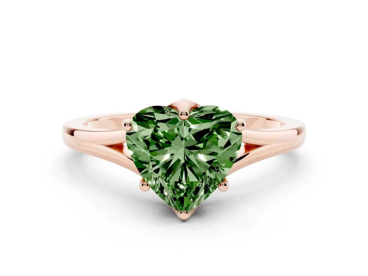 Fancy Green Heart Cut Solitaire Diamond Ring with Six-Prong Setting and Tapered Band Rose gold