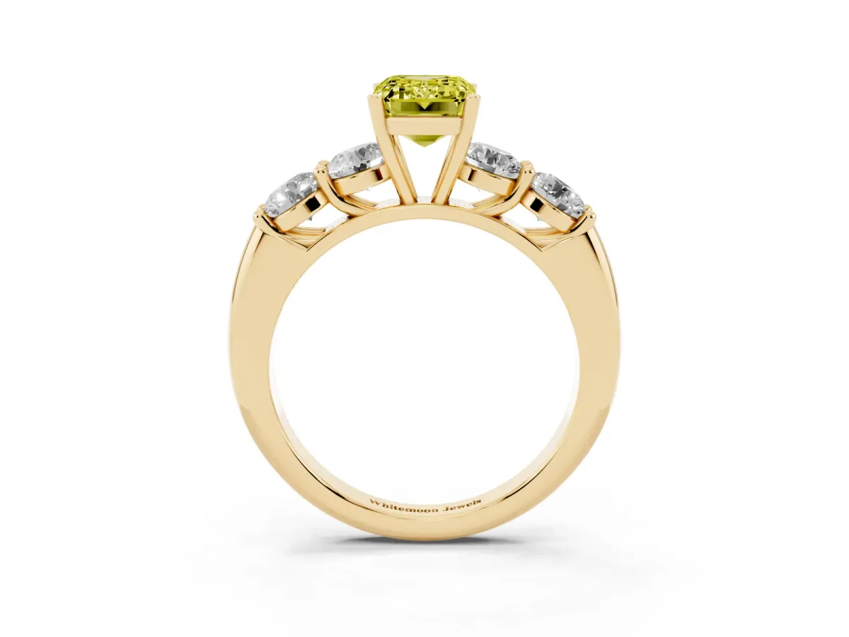 Fancy Yellow Emerald Cut Cut Five-Stone Prong Set Diamond Ring with Classic Band Yellow gold