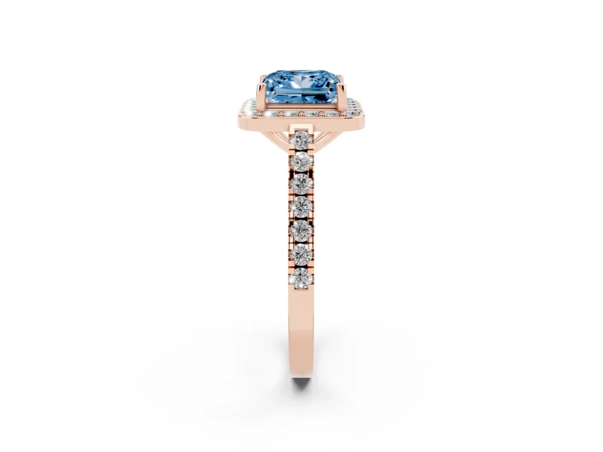 Fancy Blue Princess Cut Diamond Halo Ring with Round Pavé Split Shank and Prong Setting Rose gold