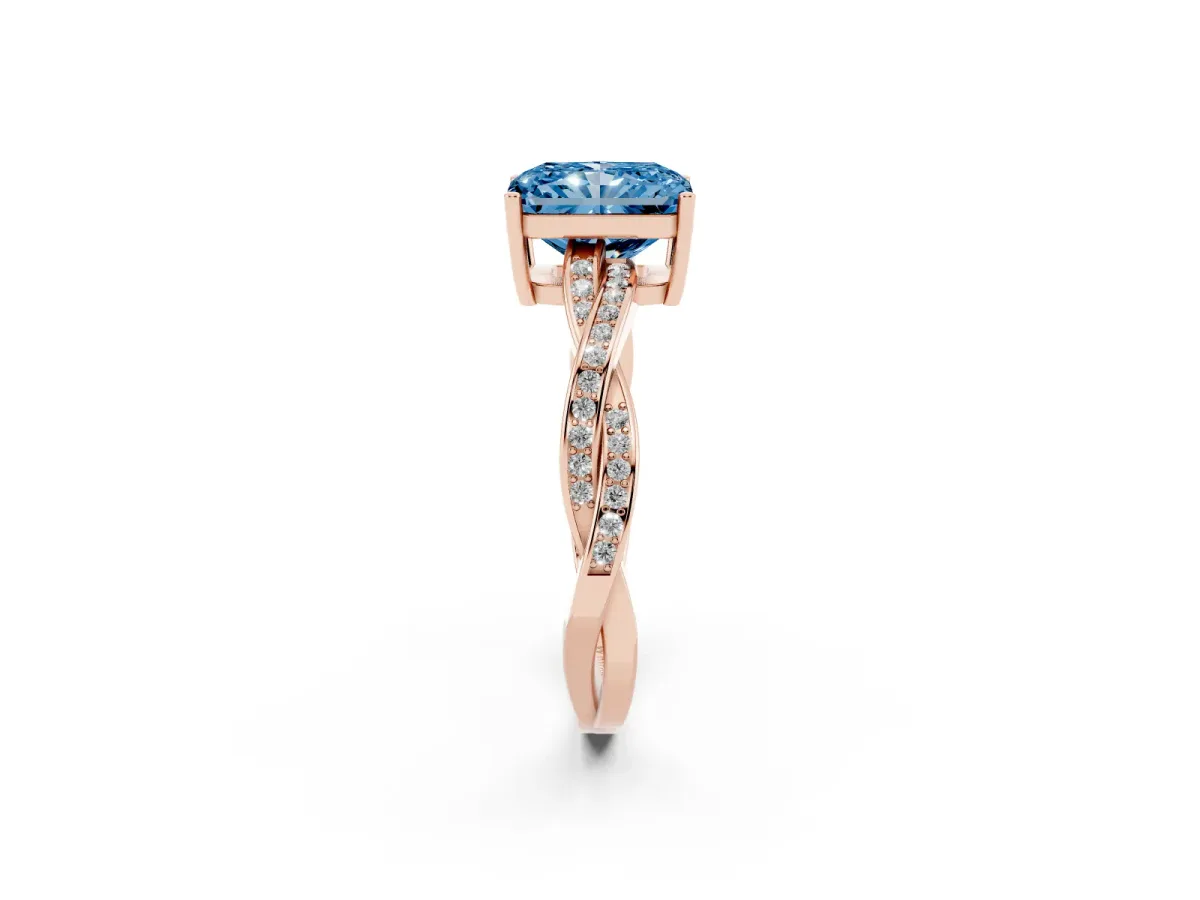 Fancy Blue Radiant Cut Solitaire Twisted Pave Diamond Ring with Four-Prong Setting Rose gold