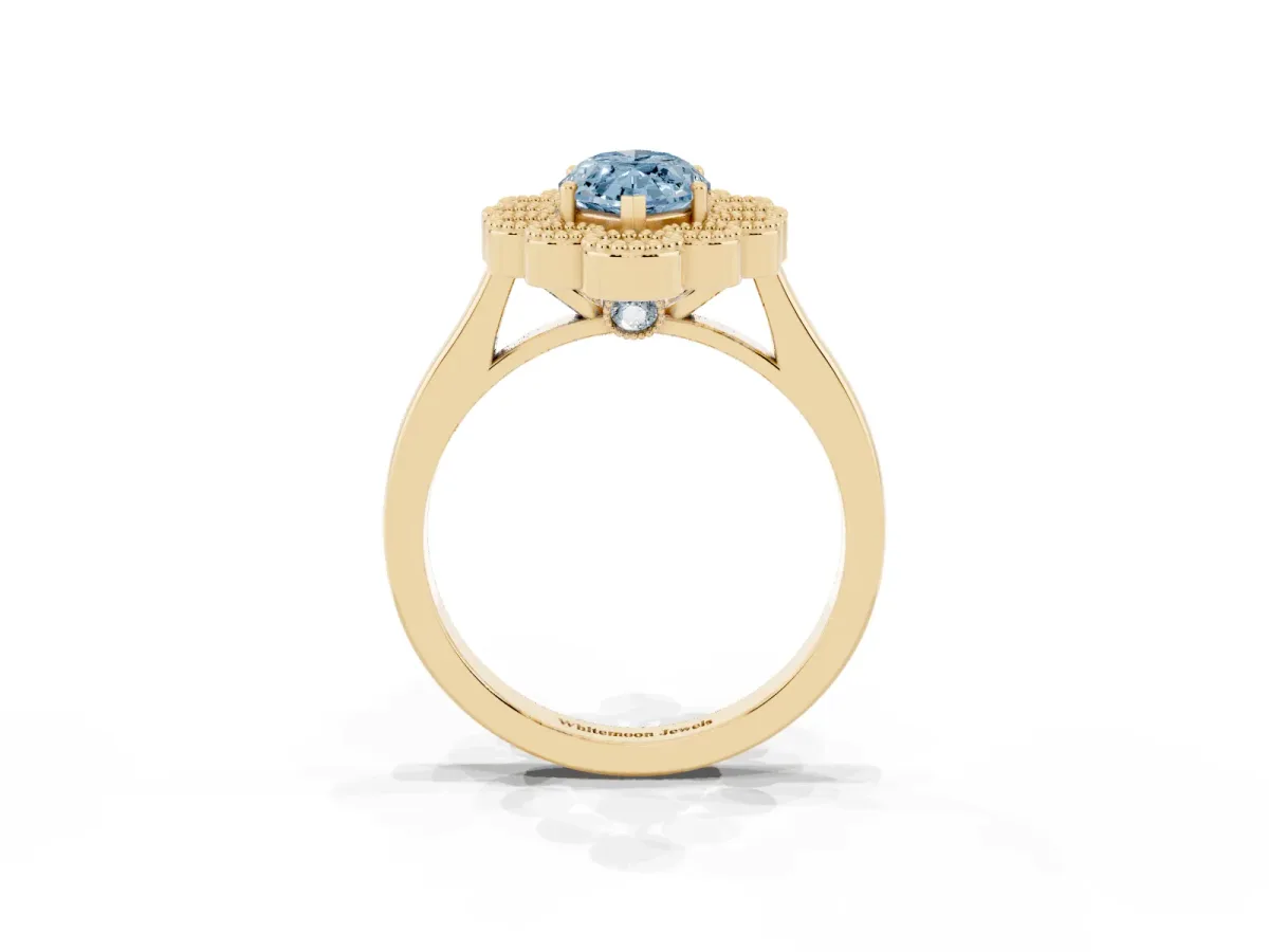 Fancy Blue Marquise Cut Halo Diamond Cluster Engagement Ring with Milgrain Bezel Setting and Solitaire Band Yellow gold