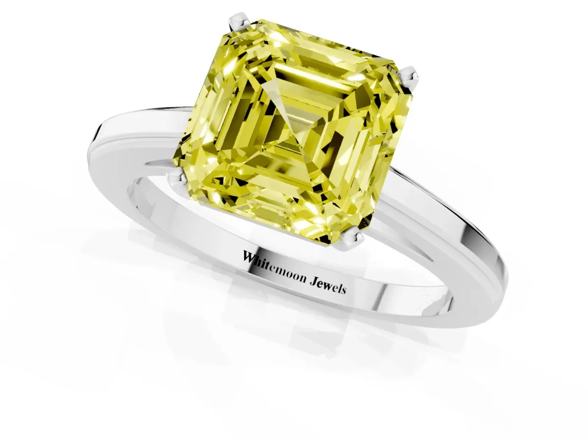 Fancy Yellow Asscher Cut Solitaire Diamond Ring with Four-Prong Setting and Classic Band Platinum