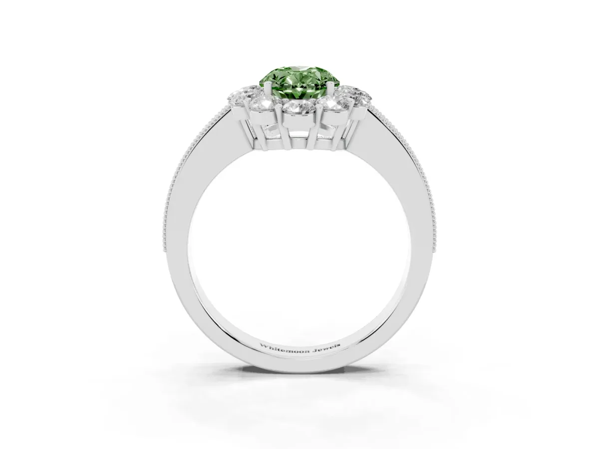 Fancy Green Oval Cut Cut Halo Diamond Pavé Engagement Ring with Milgrain Detailing Silver