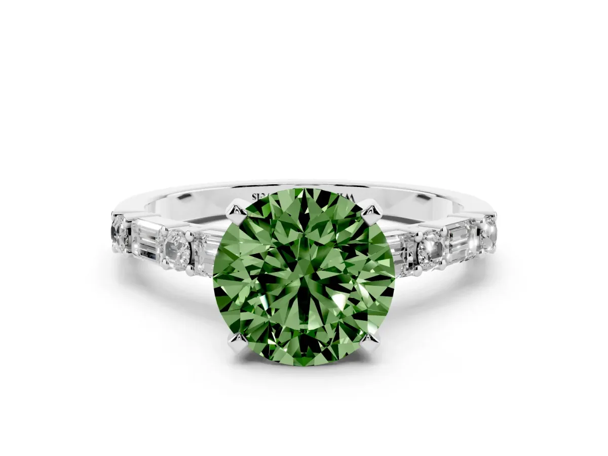 Fancy Green Round Cut Diamond Solitaire with Side Baguettes and Channel Set Band Silver