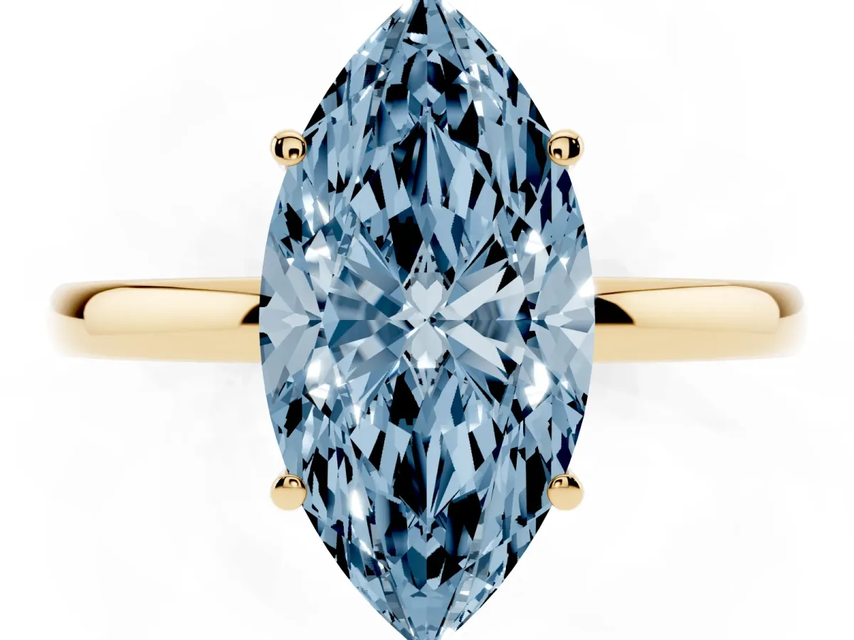 Fancy Blue Marquise Cut Solitaire Diamond Ring with Prong Setting and Plain Band Yellow gold