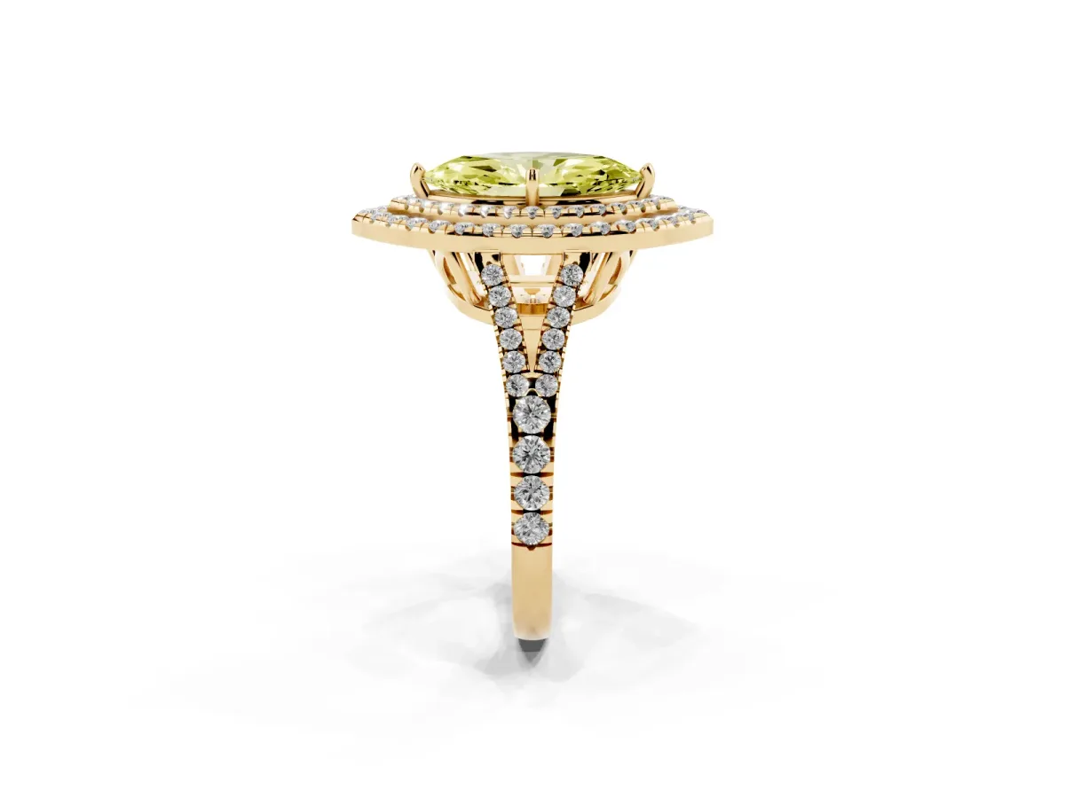 Fancy Yellow Marquise Cut Diamond Double Halo Ring with Pavé Band and Prong Setting Yellow gold