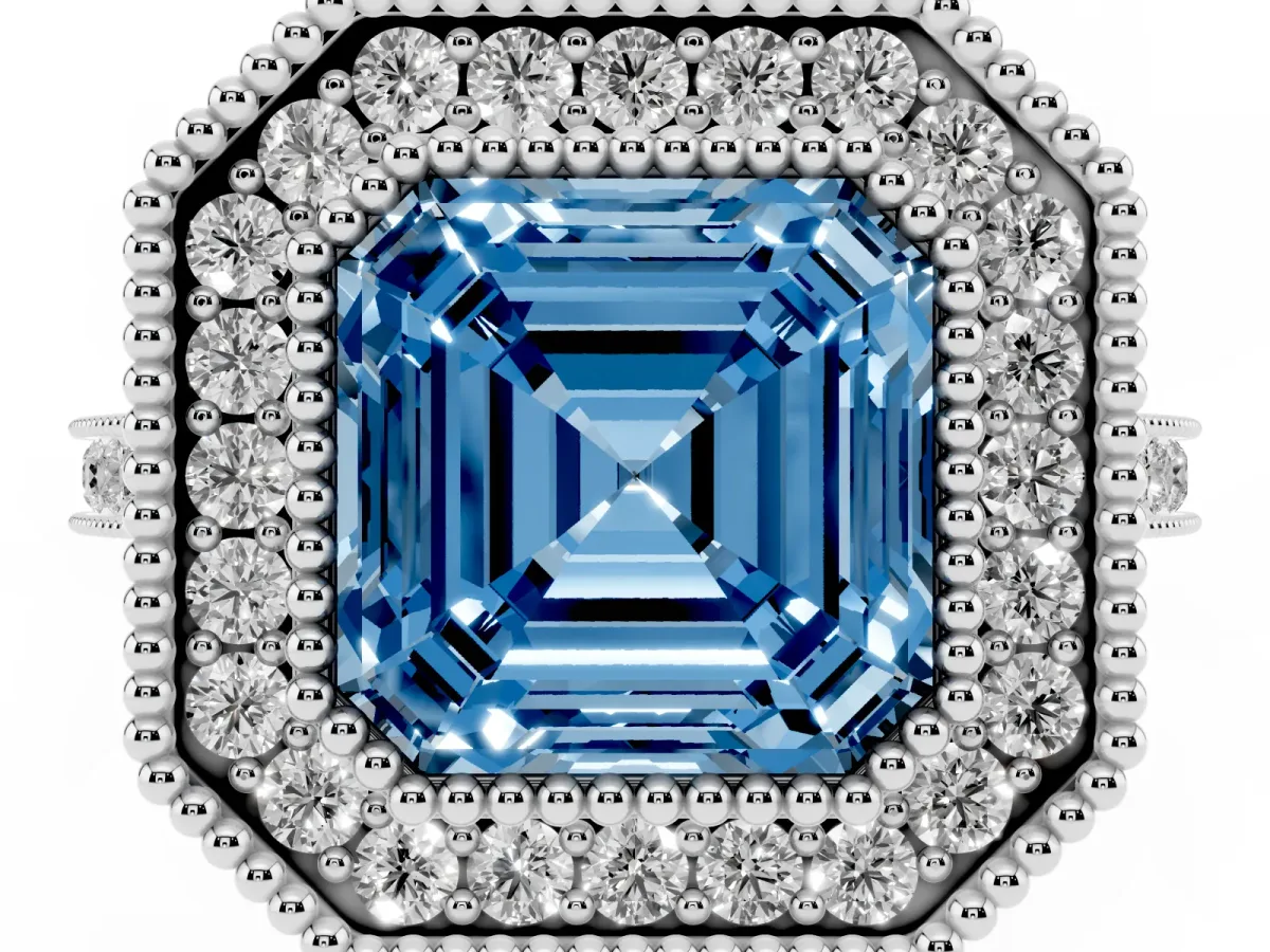 Fancy Blue Asscher Cut Diamond Halo Ring with Milgrain Frame and Pavé Band Platinum