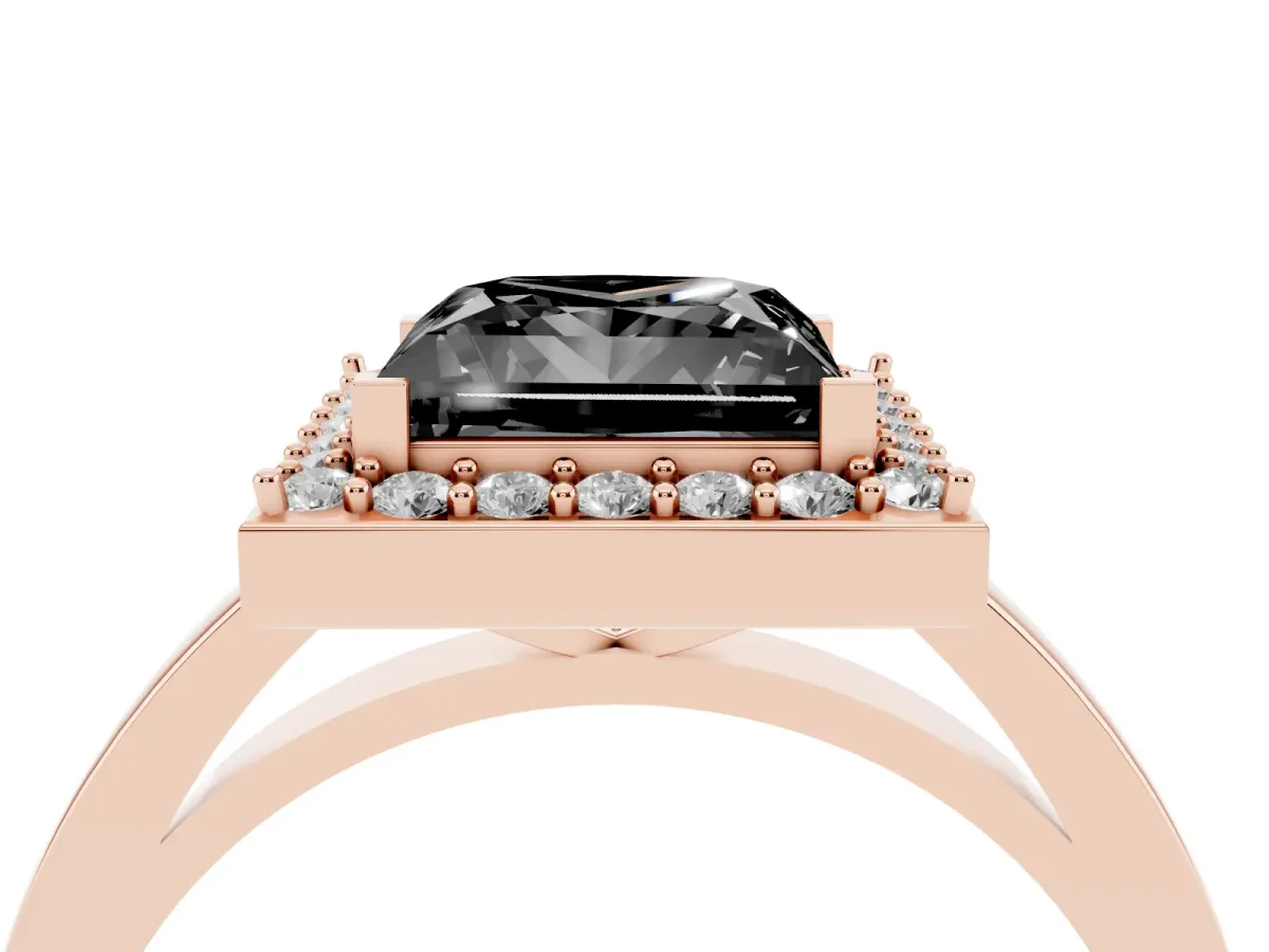 Fancy Black Princess Cut Halo Diamond Ring with Solitaire Band and Prong Setting Rose gold
